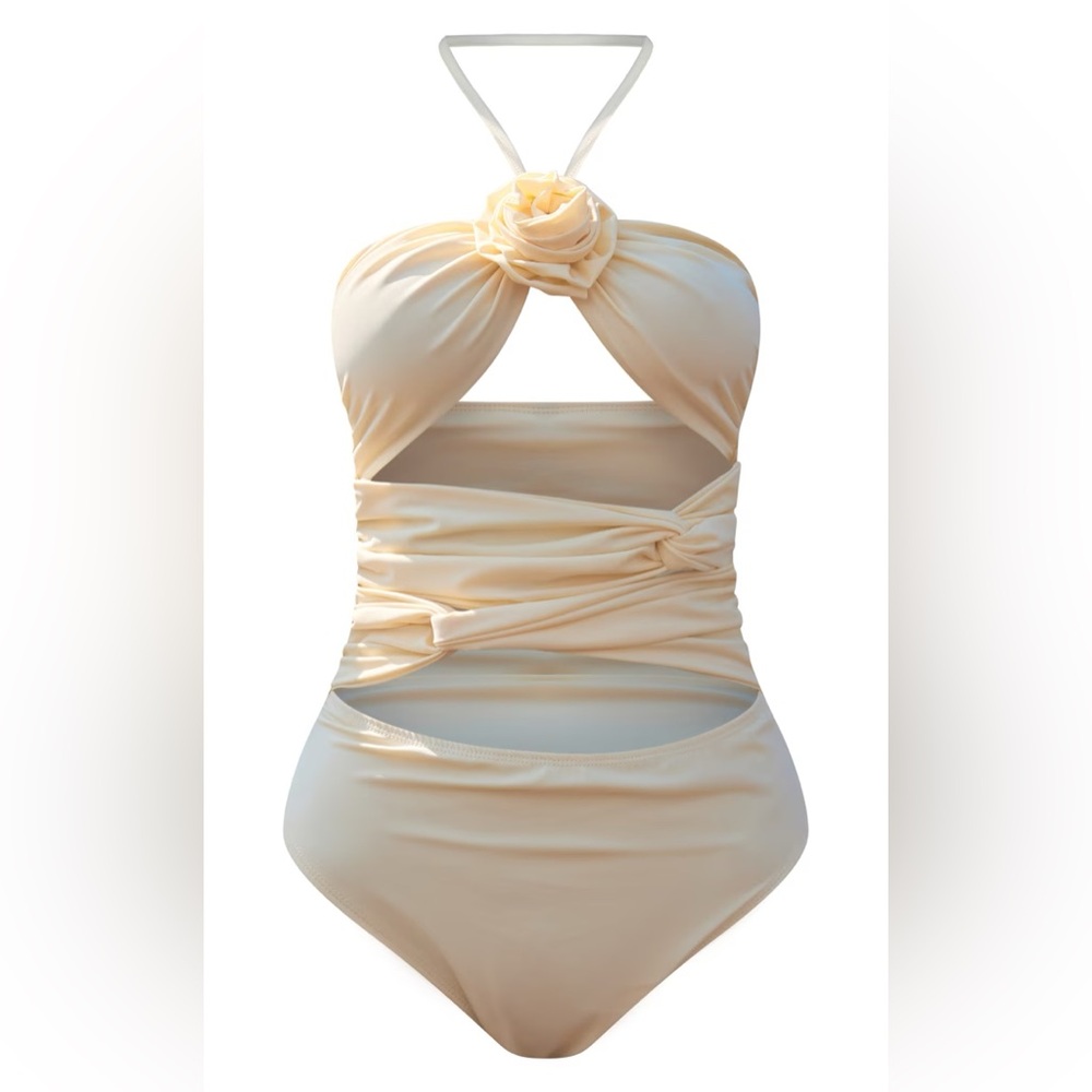 Pretty Little Thing - Cream flower detail swimsuit, Size US10